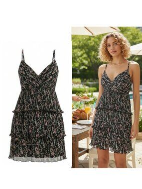 Lulus Quaint Cutie Black Floral Pleated Tiered Mini Dress Size Small New NWT